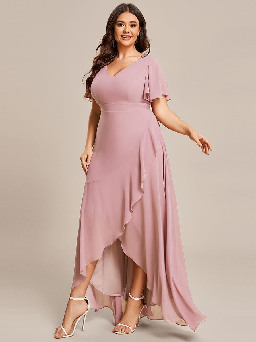 Plus Size Ruffled High Low Chiffon Dress #color_Dusty Rose