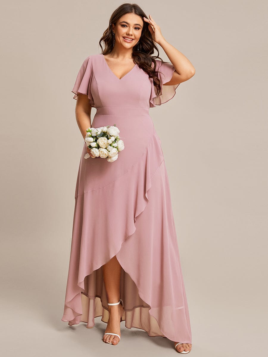 Plus Size Ruffled High Low Chiffon Dress #color_Dusty Rose