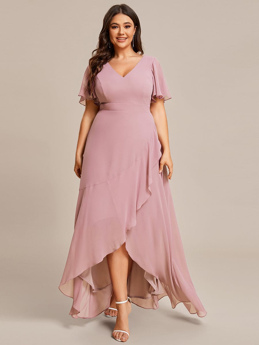 Plus Size Ruffled High Low Chiffon Dress #color_Dusty Rose