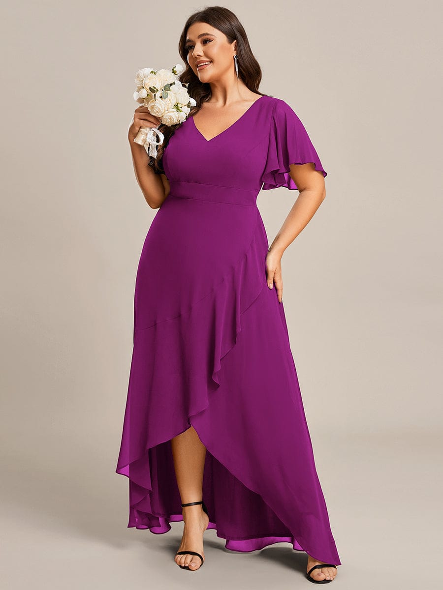 Plus Size Ruffled High Low Chiffon Dress #color_Fuchsia