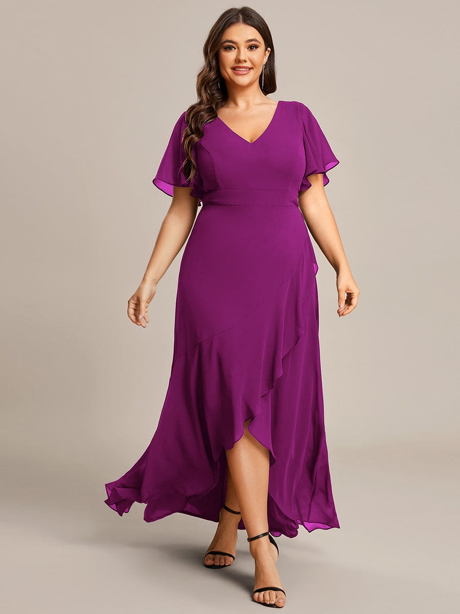 Plus Size Ruffled High Low Chiffon Dress #color_Fuchsia