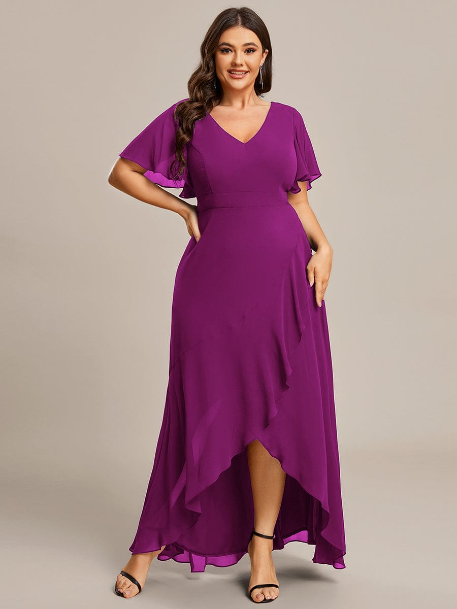 Plus Size Ruffled High Low Chiffon Dress #color_Fuchsia