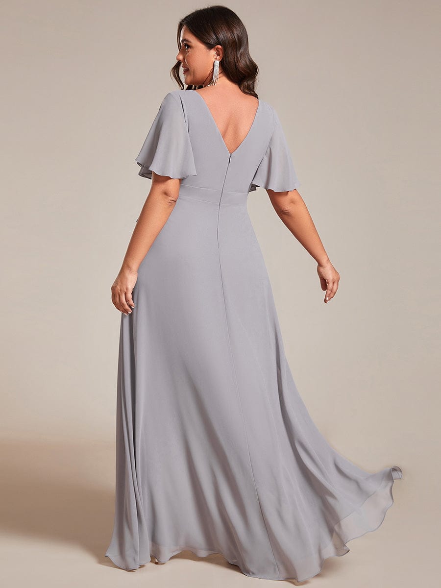 Plus Size Ruffled High Low Chiffon Dress #color_Grey