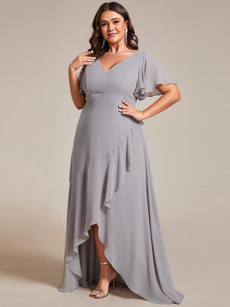 Plus Size Ruffled High Low Chiffon Dress #color_Grey