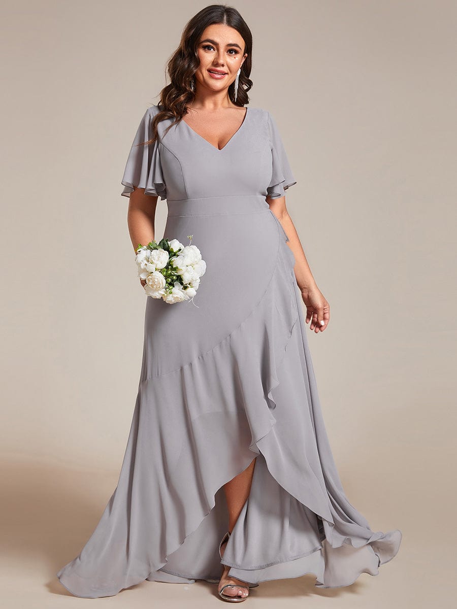 Plus Size Ruffled High Low Chiffon Dress #color_Grey