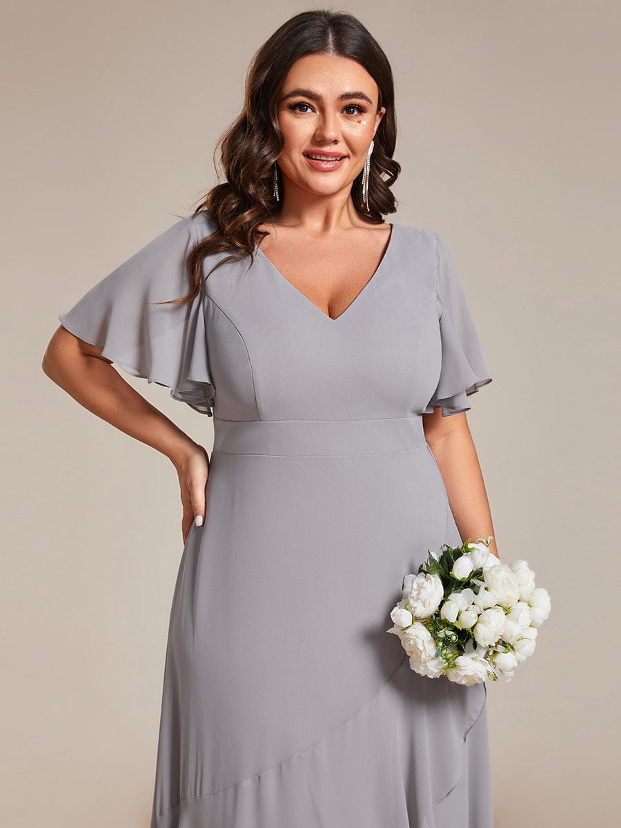 Plus Size Ruffled High Low Chiffon Dress #color_Grey