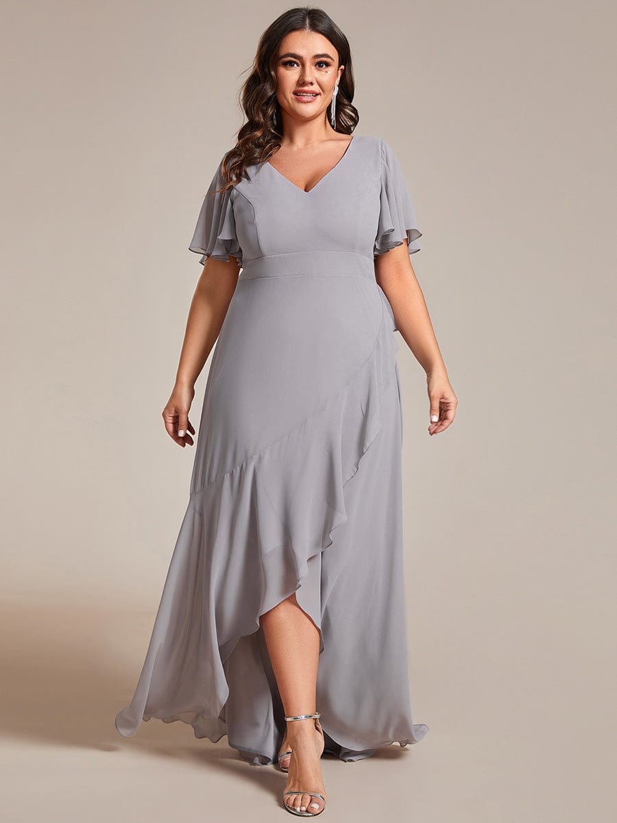 Plus Size Ruffled High Low Chiffon Dress #color_Grey