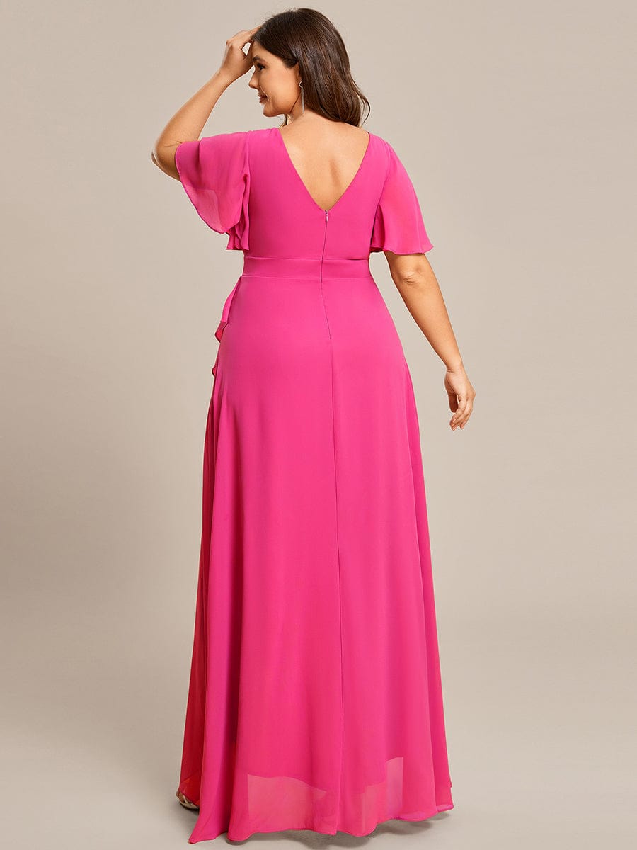 Plus Size Ruffled High Low Chiffon Dress #color_Hot Pink