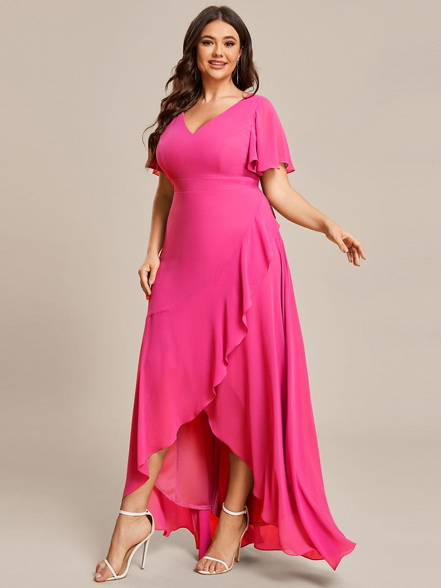 Plus Size Ruffled High Low Chiffon Dress #color_Hot Pink