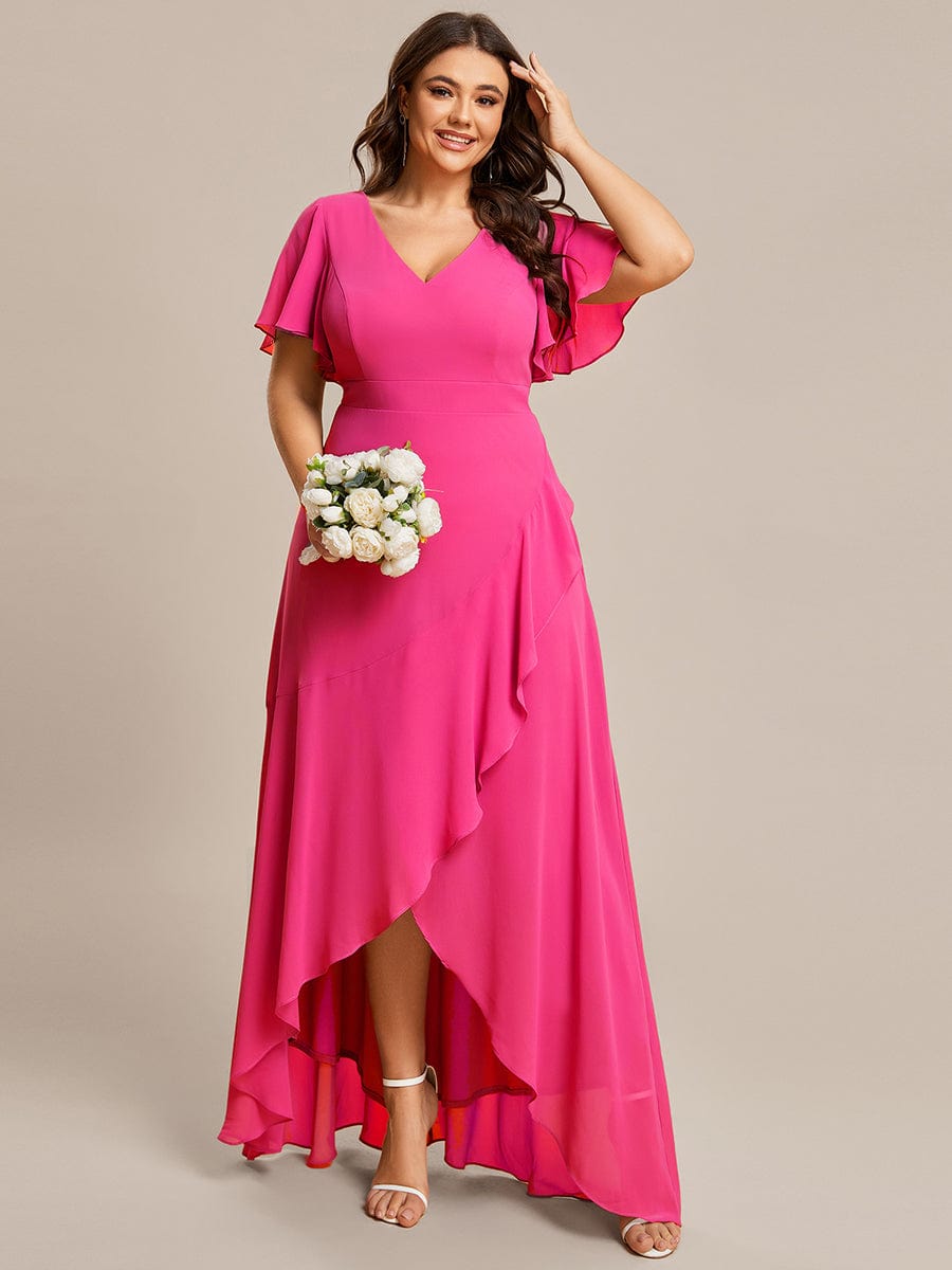 Plus Size Ruffled High Low Chiffon Dress #color_Hot Pink