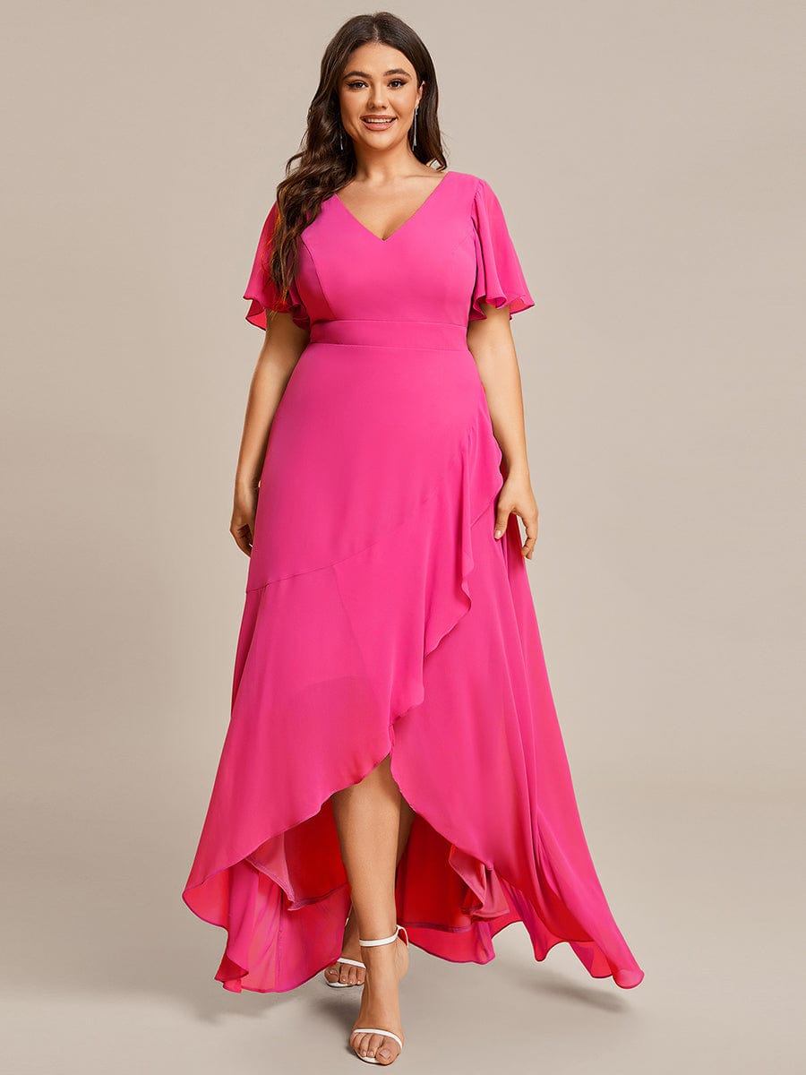 Plus Size Ruffled High Low Chiffon Dress #color_Hot Pink