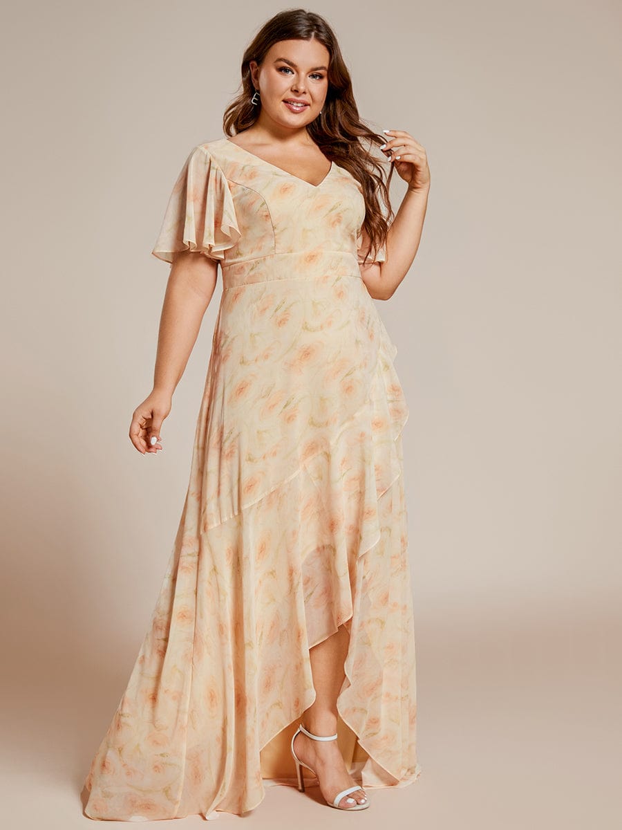 Plus Size Ruffled High Low Chiffon Dress #color_Golden Roses