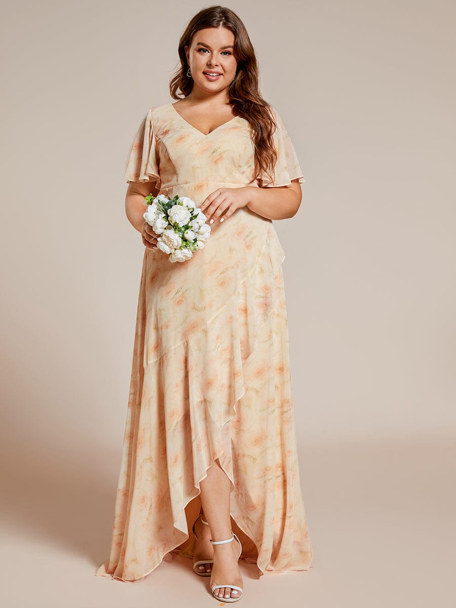 Plus Size Ruffled High Low Chiffon Dress #color_Golden Roses