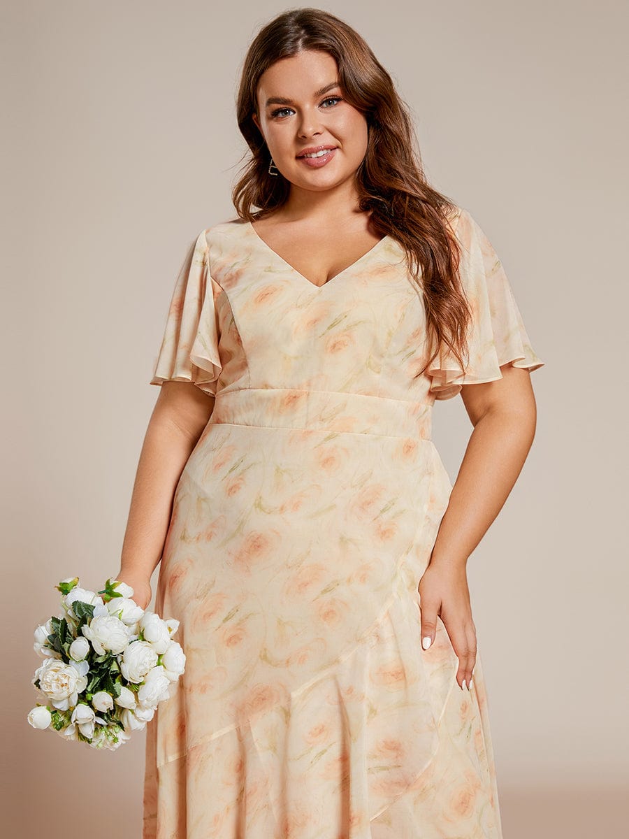 Plus Size Ruffled High Low Chiffon Dress #color_Golden Roses