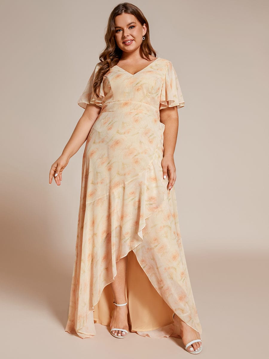 Plus Size Ruffled High Low Chiffon Dress #color_Golden Roses