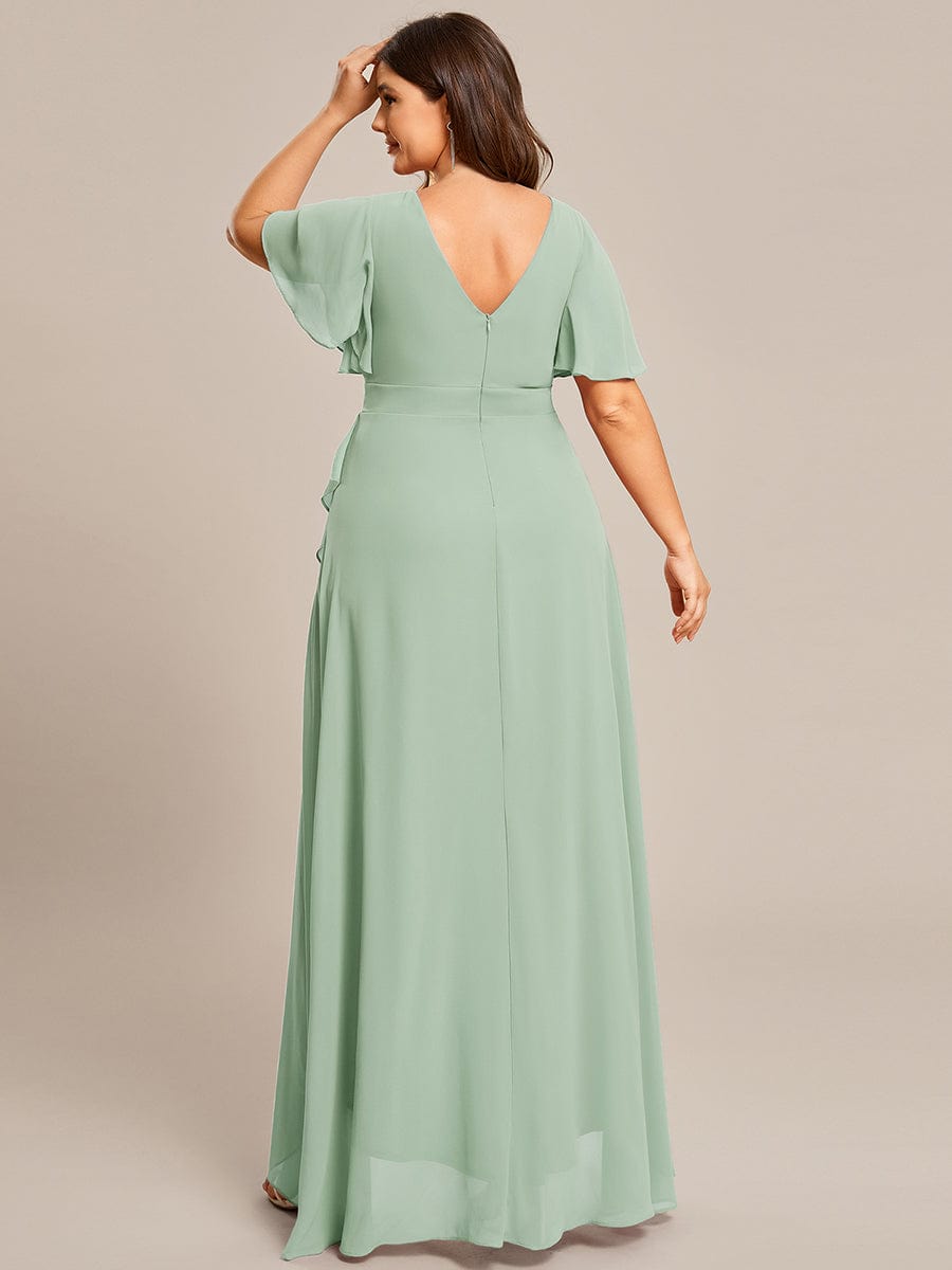 Plus Size Ruffled High Low Chiffon Dress #color_Sage Green