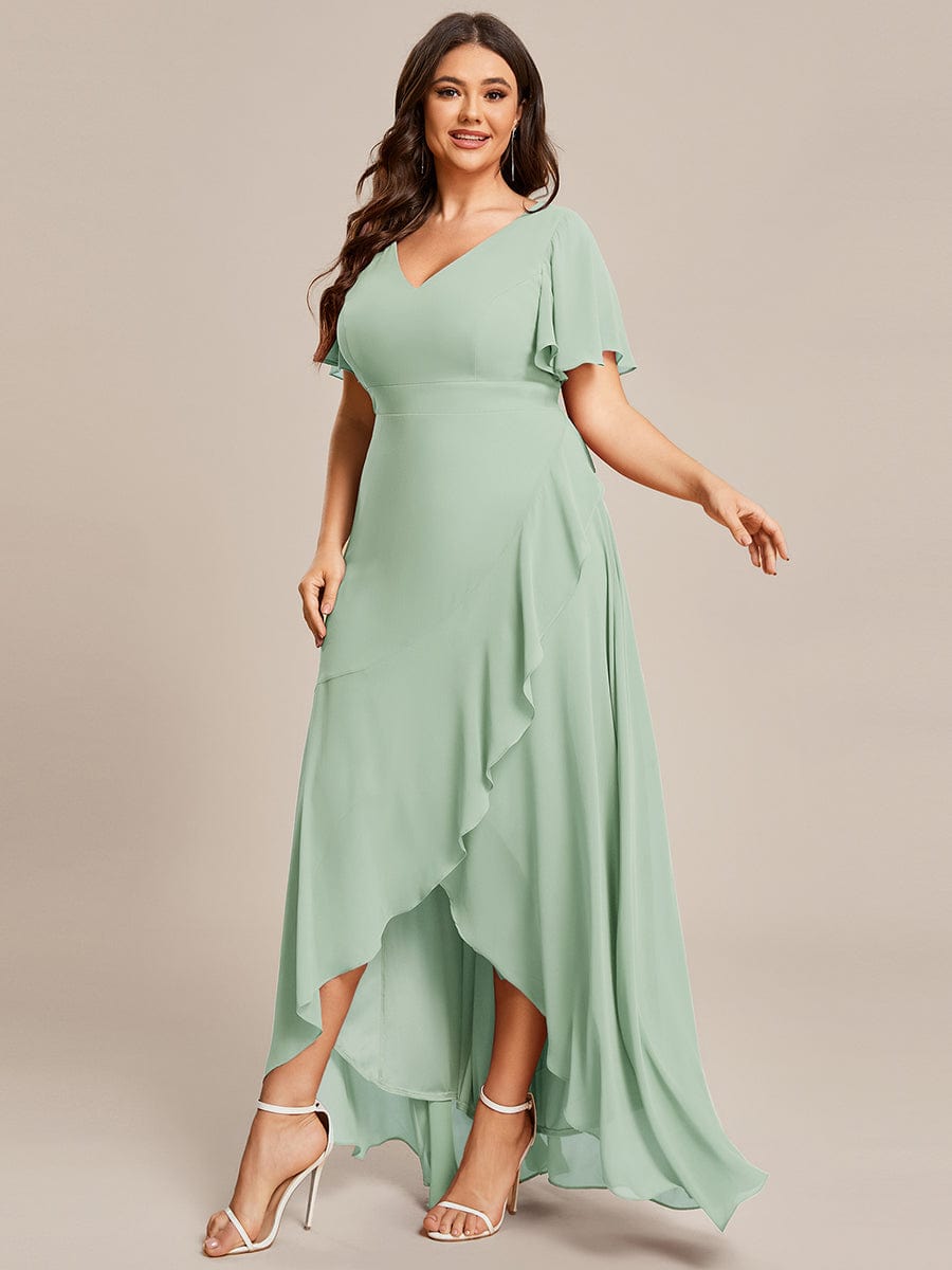 Plus Size Ruffled High Low Chiffon Dress #color_Sage Green