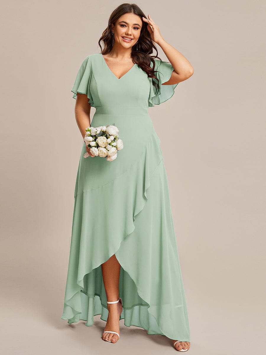 Plus Size Ruffled High Low Chiffon Dress #color_Sage Green