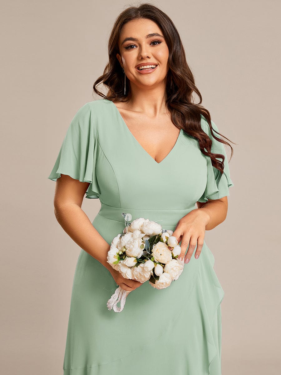 Plus Size Ruffled High Low Chiffon Dress #color_Sage Green