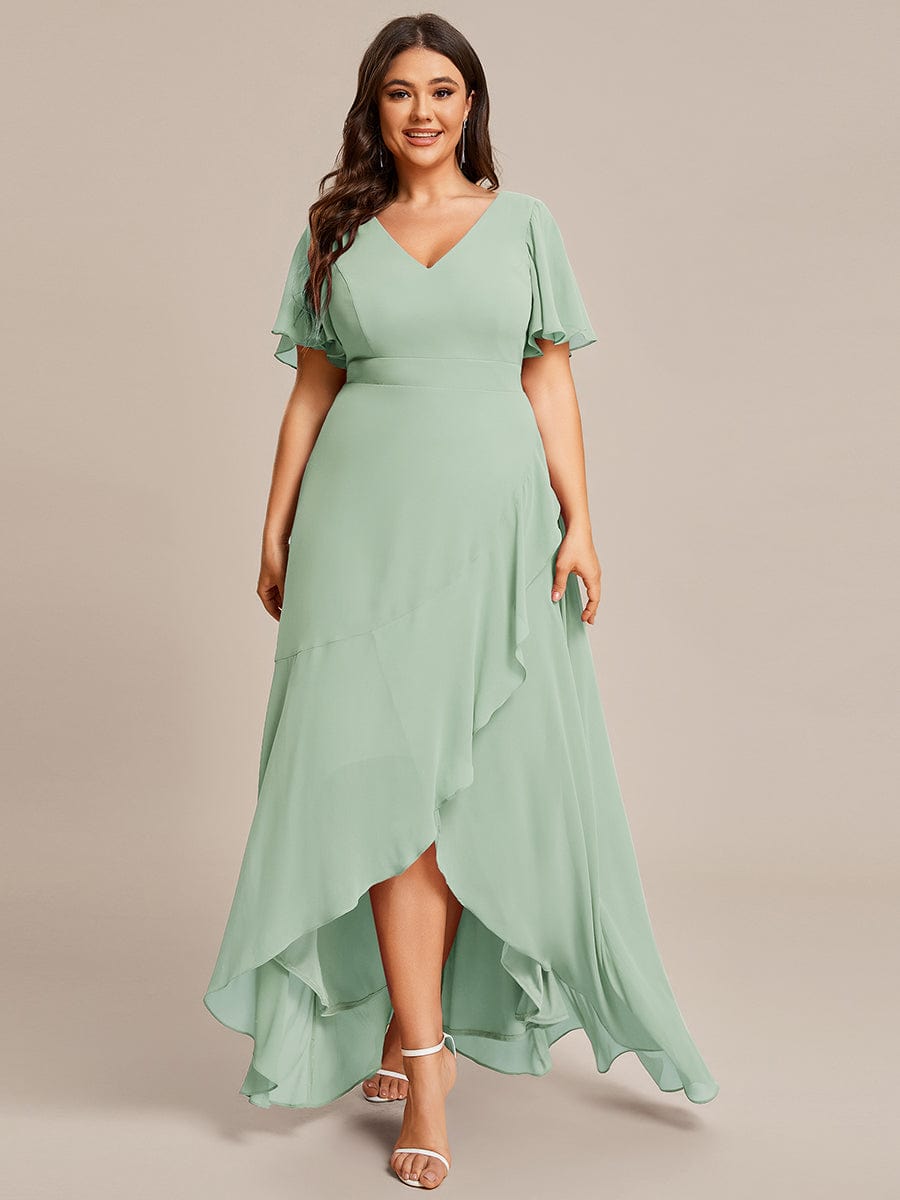 Plus Size Ruffled High Low Chiffon Dress #color_Sage Green