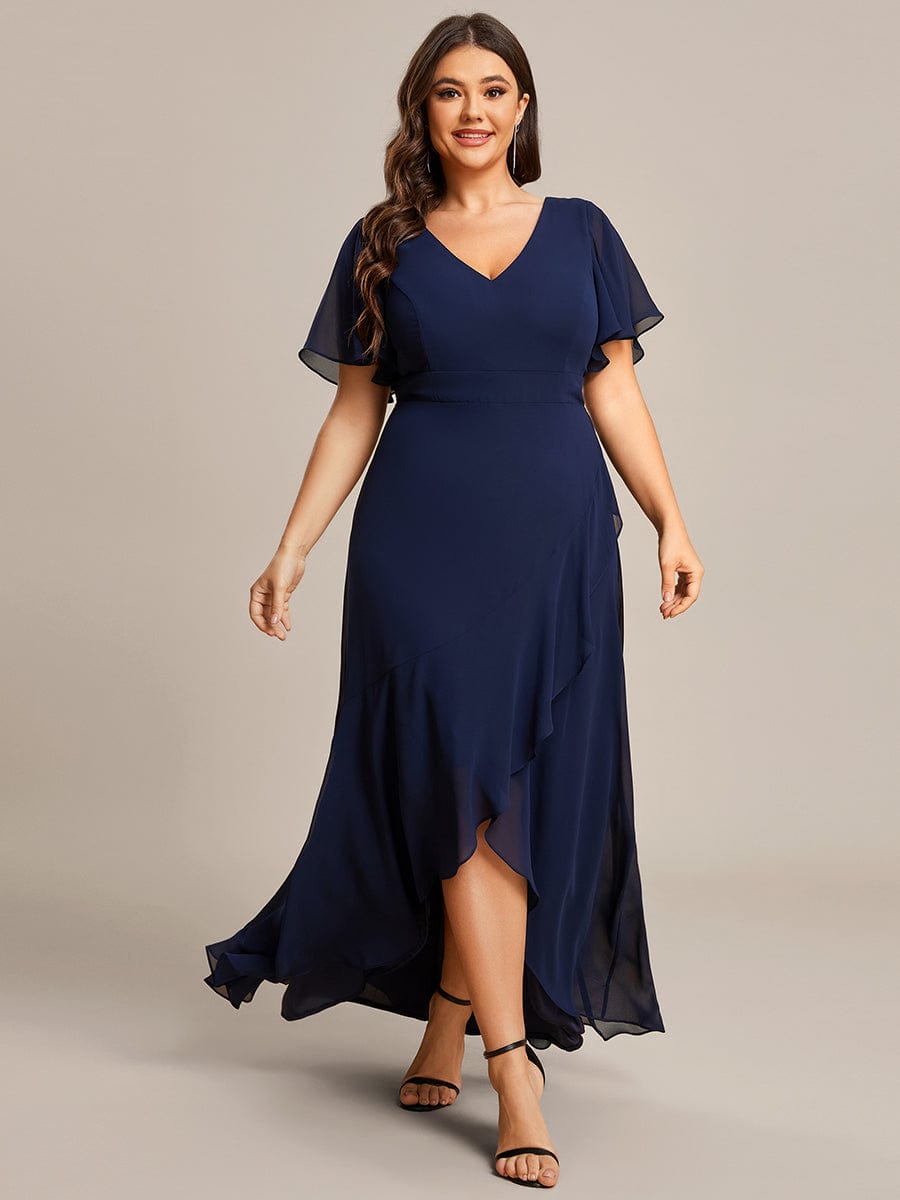 Plus Size Ruffled High Low Chiffon Dress #color_Navy Blue