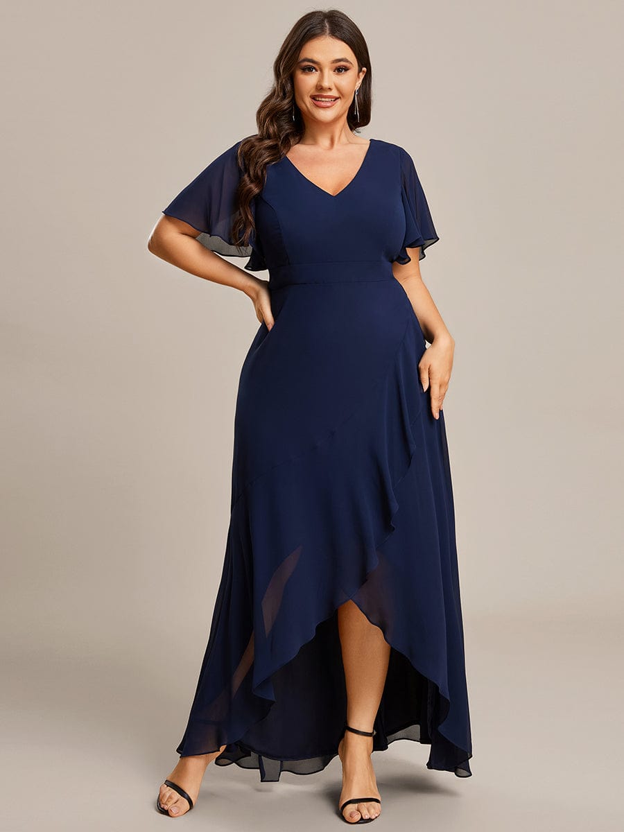 Plus Size Ruffled High Low Chiffon Dress #color_Navy Blue