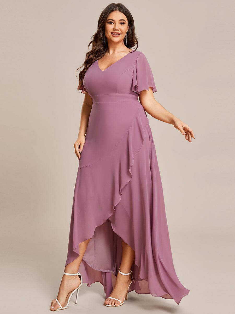 Plus Size Ruffled High Low Chiffon Dress #color_Purple Orchid