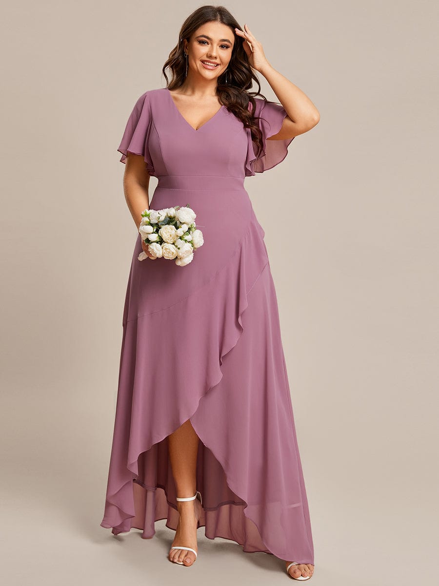 Plus Size Ruffled High Low Chiffon Dress #color_Purple Orchid