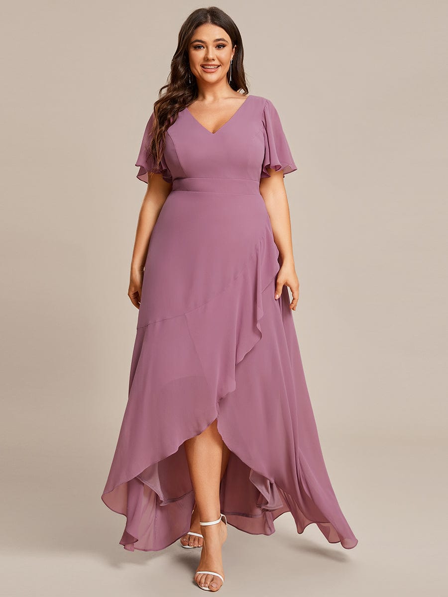 Plus Size Ruffled High Low Chiffon Dress #color_Purple Orchid