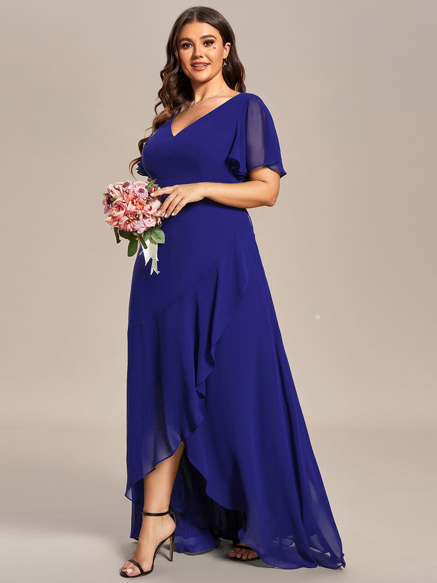 Plus Size Ruffled High Low Chiffon Dress #color_Sapphire Blue