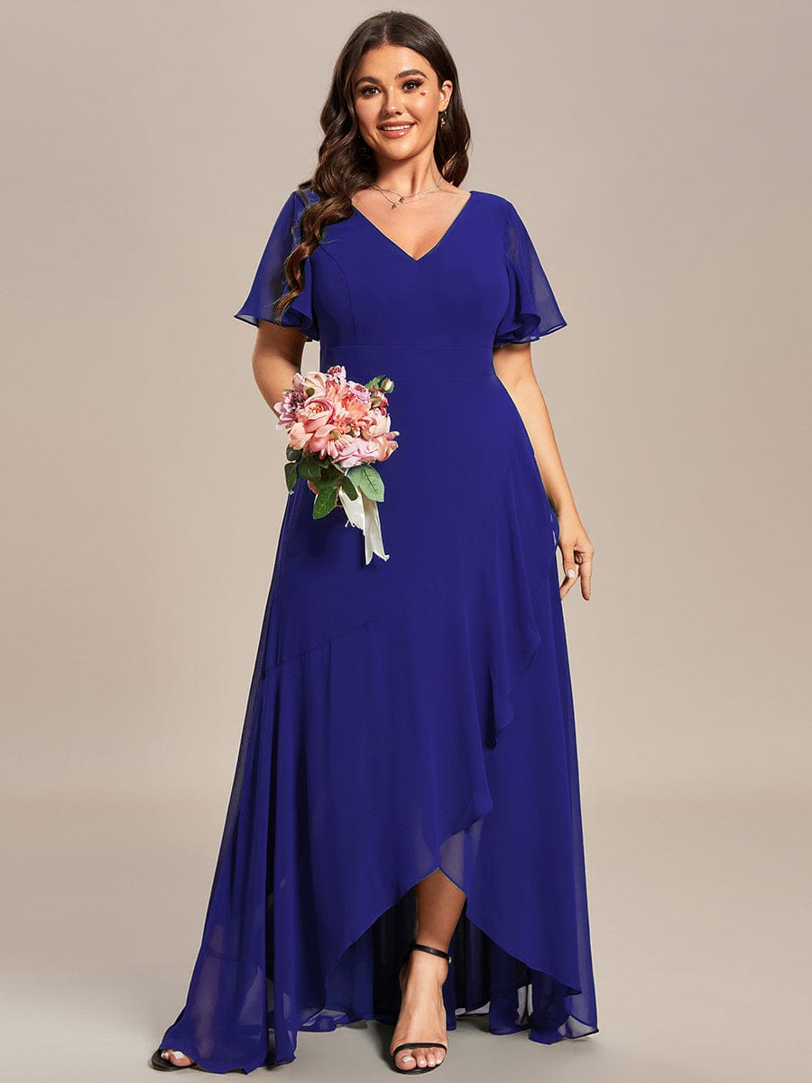 Plus Size Ruffled High Low Chiffon Dress #color_Sapphire Blue