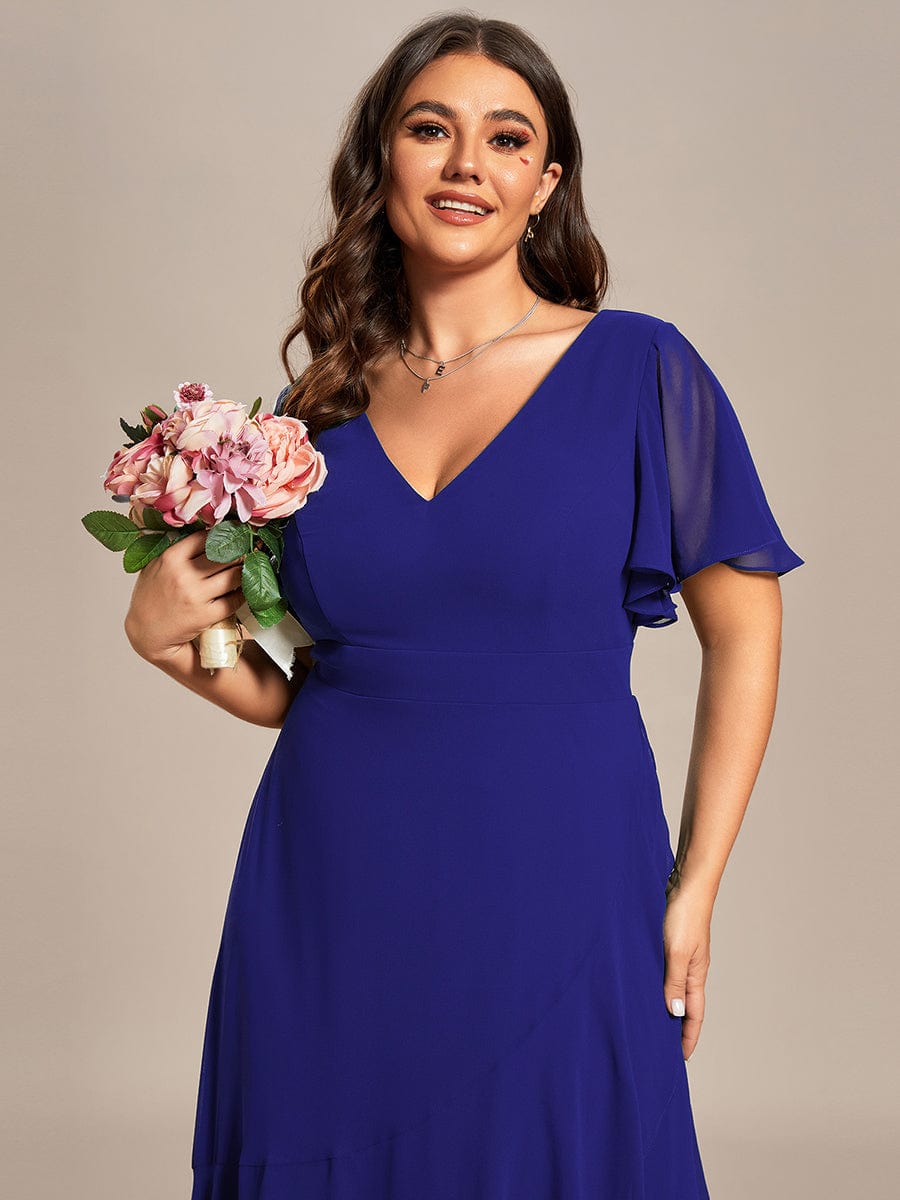 Plus Size Ruffled High Low Chiffon Dress #color_Sapphire Blue