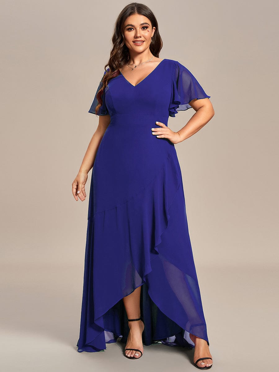 Plus Size Ruffled High Low Chiffon Dress #color_Sapphire Blue