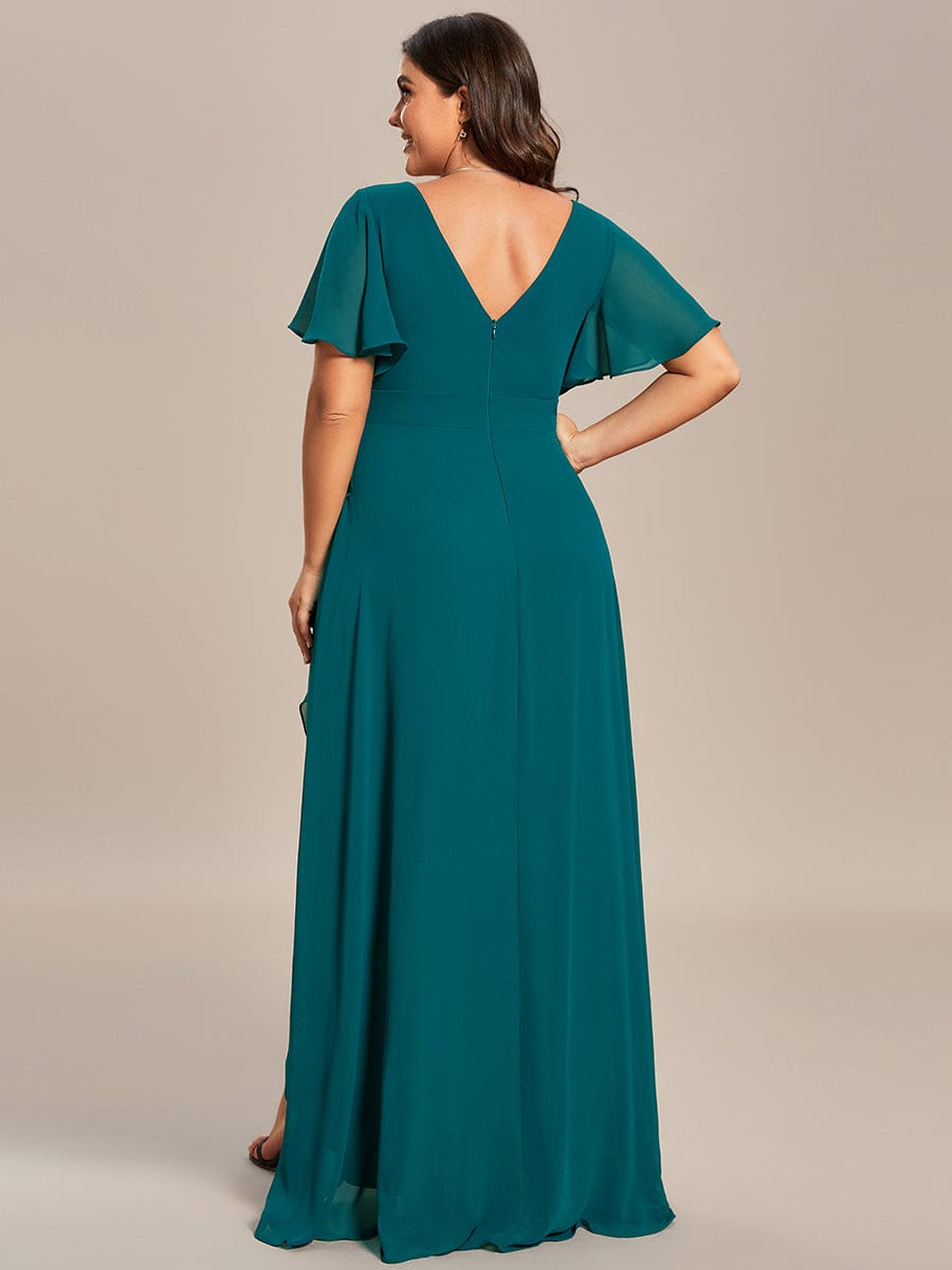 Plus Size Ruffled High Low Chiffon Dress #color_Teal