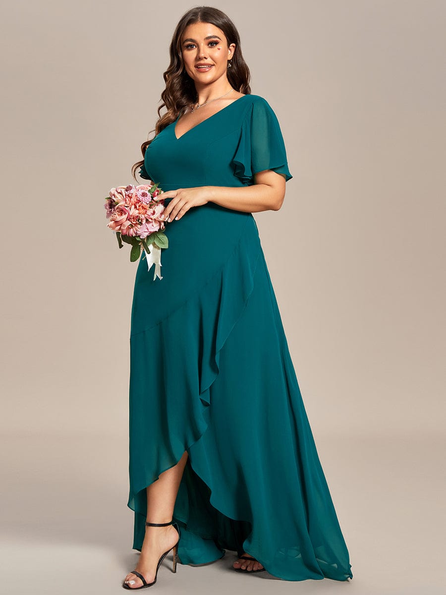 Plus Size Ruffled High Low Chiffon Dress #color_Teal