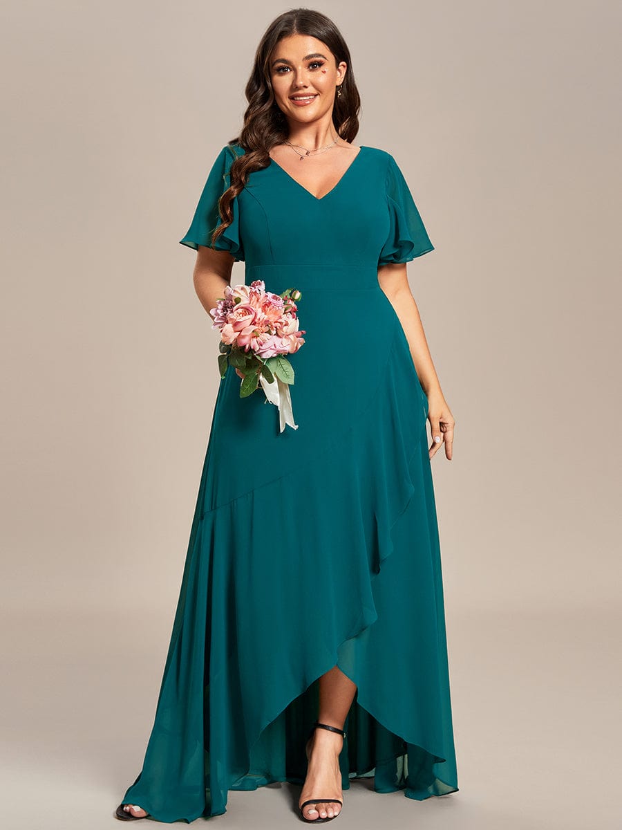 Plus Size Ruffled High Low Chiffon Dress #color_Teal