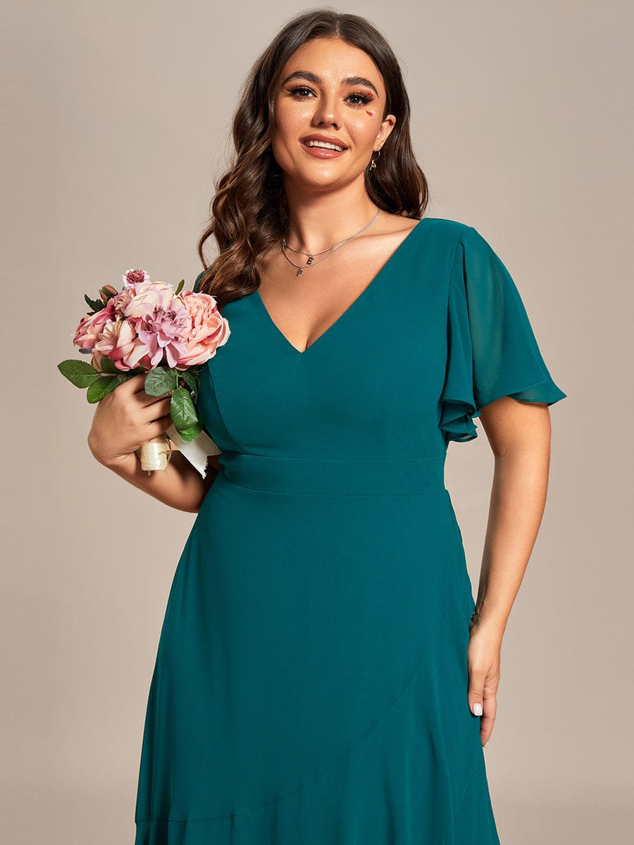 Plus Size Ruffled High Low Chiffon Dress #color_Teal