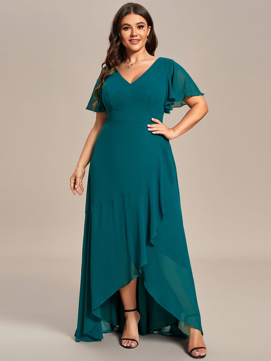 Plus Size Ruffled High Low Chiffon Dress #color_Teal