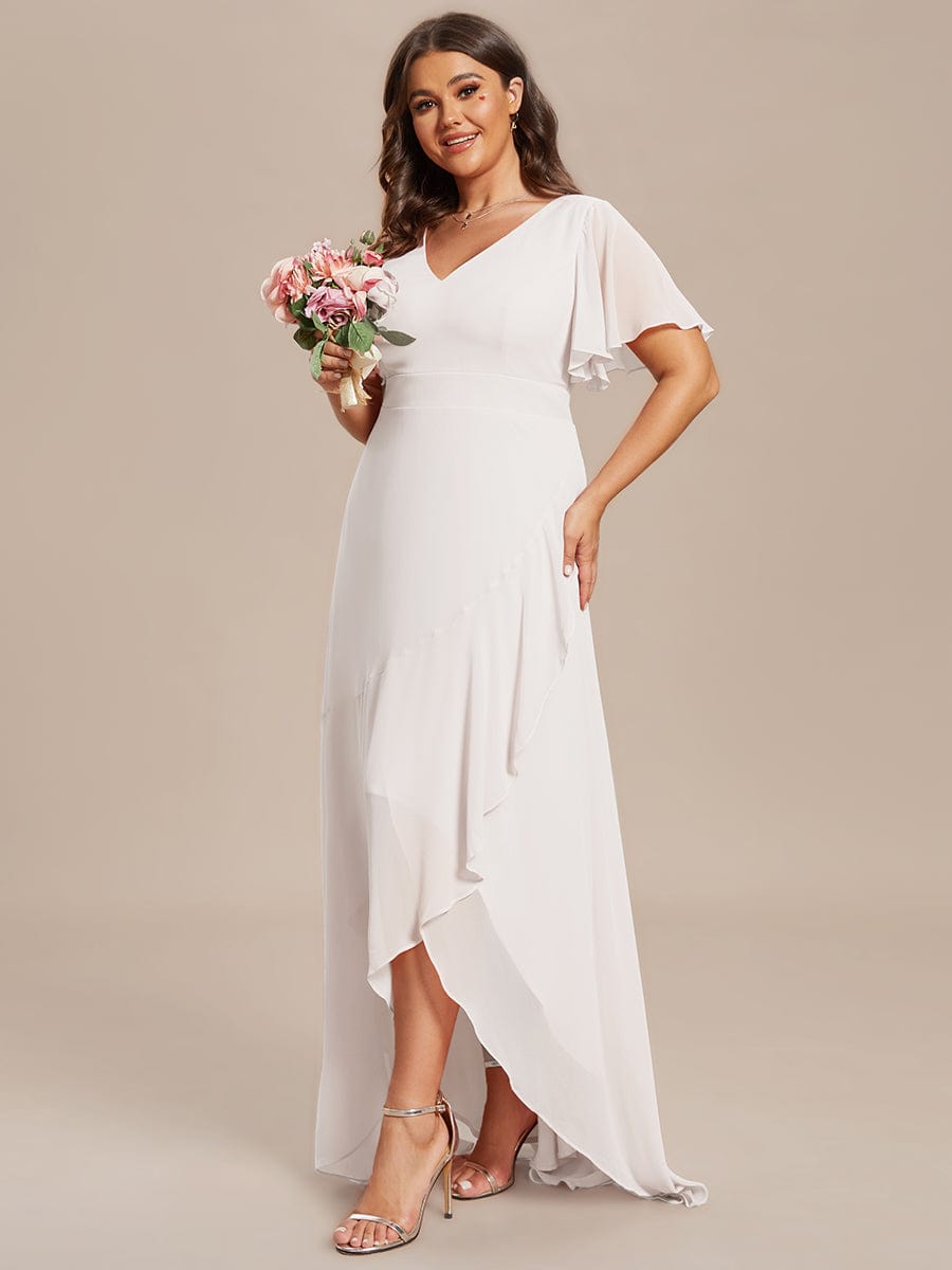 Plus Size Ruffled High Low Chiffon Dress #color_White