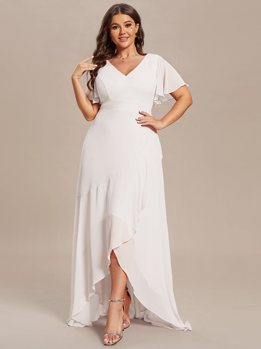 Plus Size Ruffled High Low Chiffon Dress #color_White