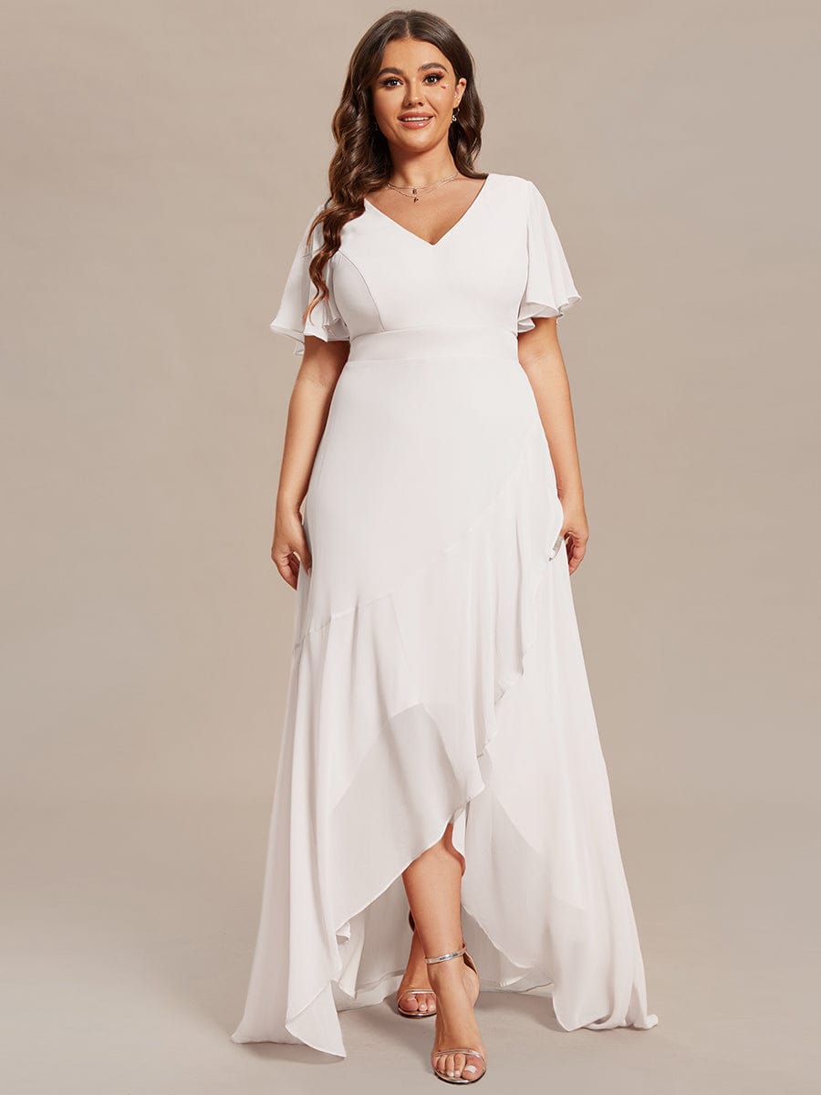 Plus Size Ruffled High Low Chiffon Dress #color_White