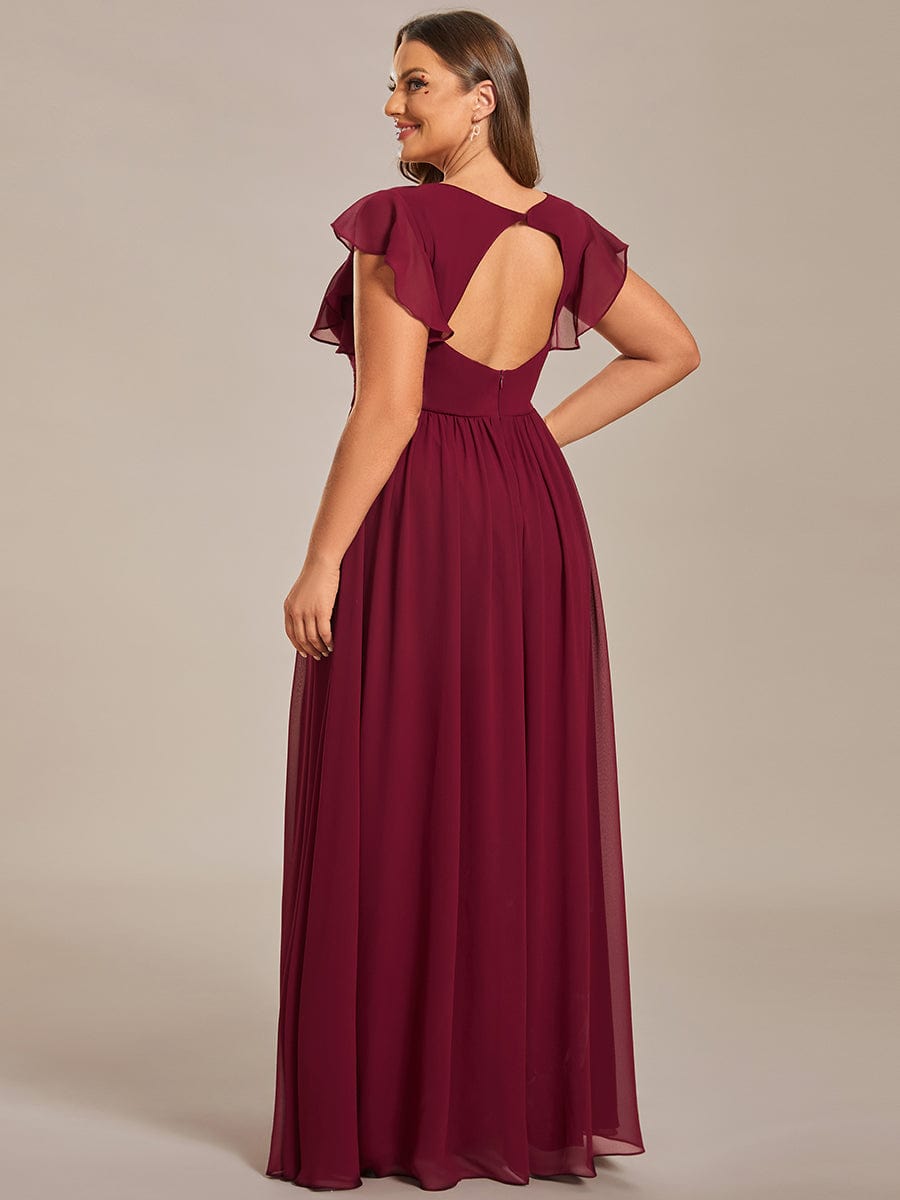 Plus Size Chiffon Pleated A-Line Back CutouT Dress #color_Burgundy