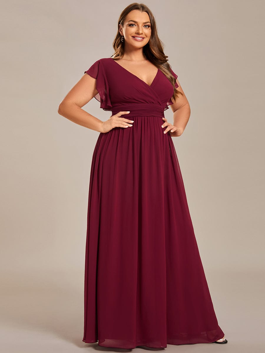 Plus Size Chiffon Pleated A-Line Back CutouT Dress #color_Burgundy