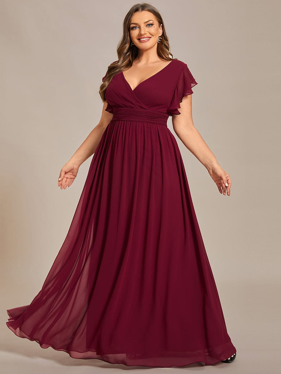 Plus Size Chiffon Pleated A-Line Back CutouT Dress #color_Burgundy