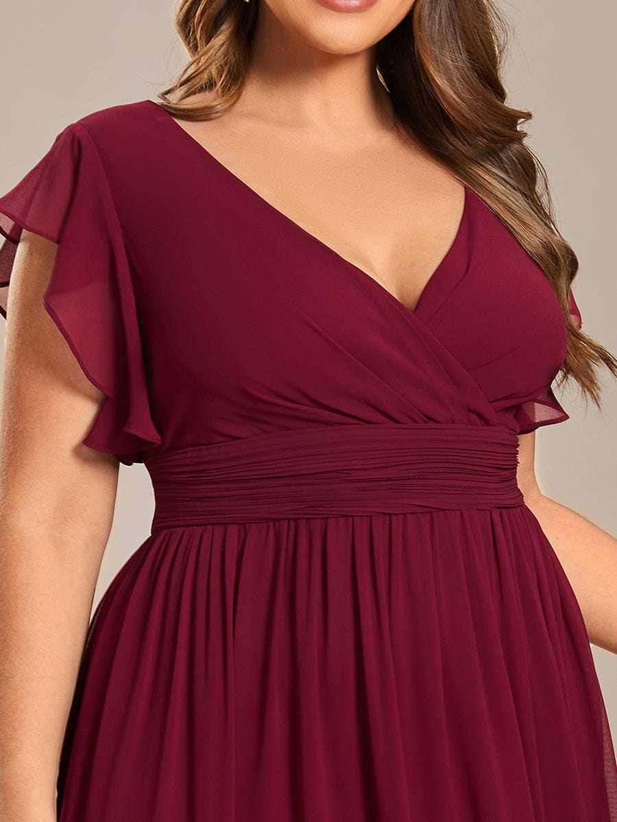 Plus Size Chiffon Pleated A-Line Back CutouT Dress #color_Burgundy