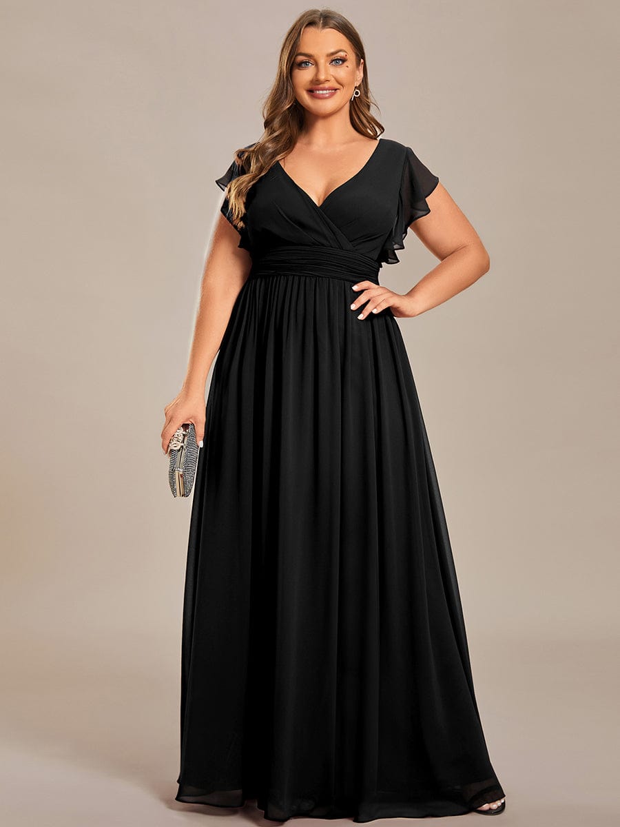 Plus Size Chiffon Pleated A-Line Back CutouT Dress #color_Black