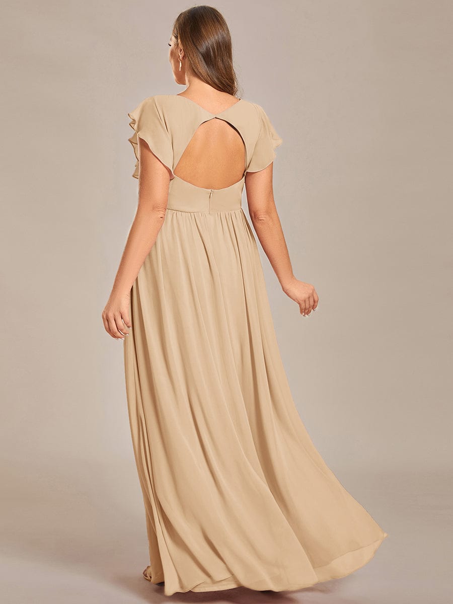 Plus Size Chiffon Pleated A-Line Back CutouT Dress #color_Champagne