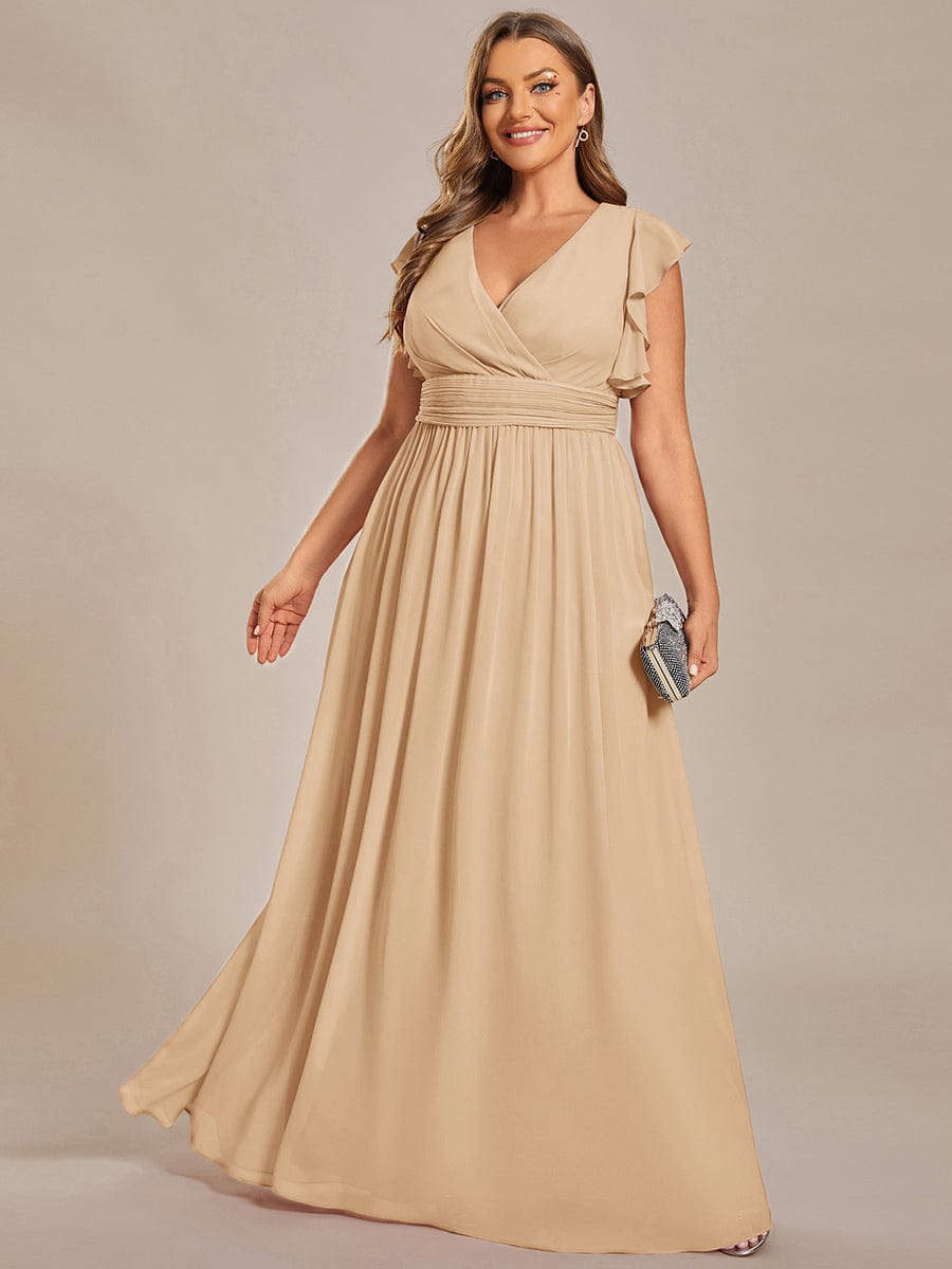 Plus Size Chiffon Pleated A-Line Back CutouT Dress #color_Champagne