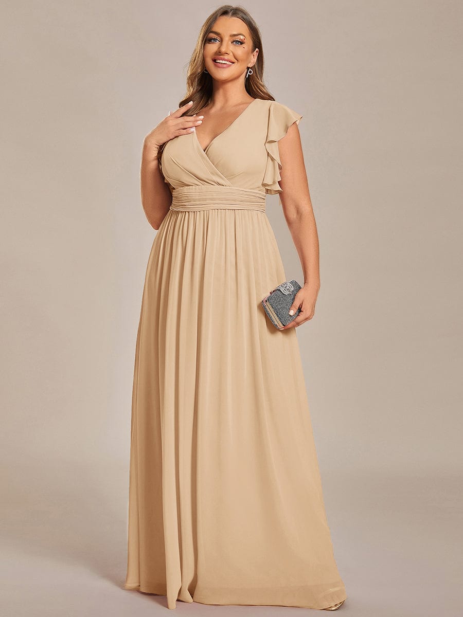 Plus Size Chiffon Pleated A-Line Back CutouT Dress #color_Champagne