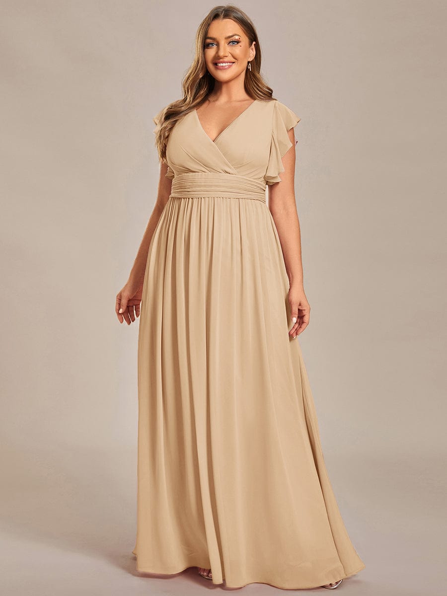 Plus Size Chiffon Pleated A-Line Back CutouT Dress #color_Champagne